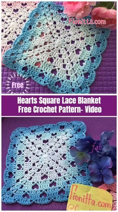 crocheted square with flowers on it and the text hearts square lace blanket free croche