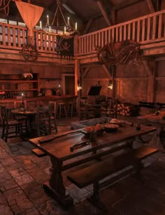 an old fashioned tavern with wooden tables and benches