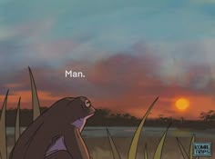 an animated image of a man sitting in the grass looking out at the sun setting