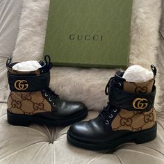 Find In Store For $1350 Plus Tax. This Seasons Style , Ankle Strap Is Removable. Comes With Original Gucci Box And Two Shoe Dust Bags. Gucci Boots Women, Gucci Box, Gucci Boots, Shoes Gucci, Leather And Canvas, Gucci Shoes, Ankle Strap, Bootie Boots, Black And Brown