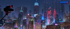 an animated city with skyscrapers and neon lights