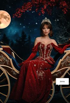 a woman in a red dress sitting on a horse drawn carriage with the moon behind her