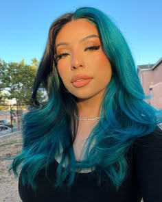 Aqua Money Piece Hair, Brown And Turquoise Hair, Dark Blue Hair With Light Blue Streaks, Dark Teal Hair Ombre, Blonde And Teal Hair, Crazy Color Hair Ideas, Green Peekaboo Hair, Blue Money Piece, Shades Of Blue Hair