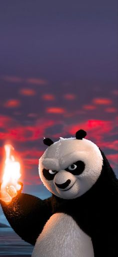 a cartoon panda holding a lit candle in his hand with the sky and clouds behind him