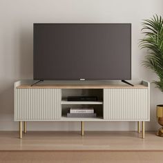 a flat screen tv sitting on top of a wooden entertainment center next to a potted plant