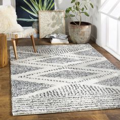 a living room area with a rug, chair and potted plant