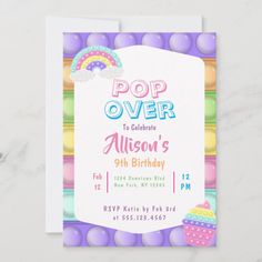 a birthday party card with candy and rainbows on the front, in pastel colors