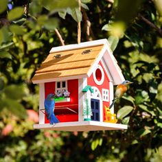 a bird house hanging from a tree branch