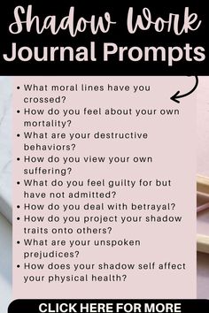 Discover the transformative practice of shadow work with these journal prompts for beginners. This guide will help you delve into self-discovery and healing, focusing on areas such as your inner child, relationships, anger, jealousy, heartbreak, childhood experiences, and self-love. Start your journey to better self-awareness and emotional well-being today. Journal Prompts For Personal Growth, Journal Prompts For Beginners, Shadow Work Journal Prompts, Work Journal Prompts, Shadow Work Journal, Work Journal, What Do You Feel, Work Motivation, Shadow Work