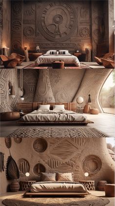 the interior of a futuristic bedroom is made out of wood and has intricate carvings on the walls