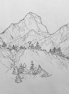 a black and white drawing of mountains with trees