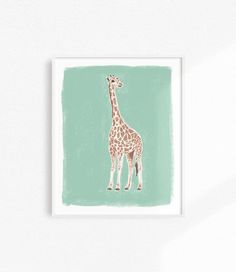 a giraffe is standing in front of a wall with a green background and white frame