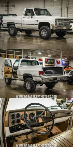 two pictures of the interior and dashboard of a pickup truck