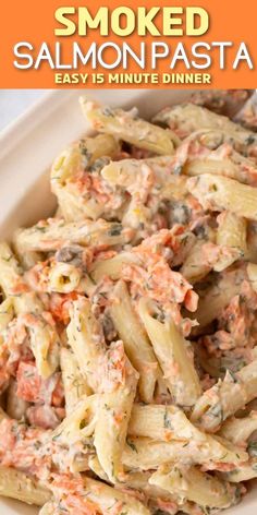 Pasta with creamy sauce and salmon with Pinterest overlay. Cold Salmon Pasta Salad Recipes, Smoked Trout Pasta Recipes, Recipes With Cold Smoked Salmon, Smoked Salmon Pasta Recipes No Cream, Smoked Salmon Pasta Salad, Recipe With Smoked Salmon, Salmon Fettuccine Alfredo, Cold Smoked Salmon Recipes, Recipes With Smoked Salmon