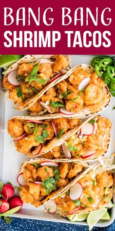 an overhead view of shrimp tacos with radishes and cilantro on the side