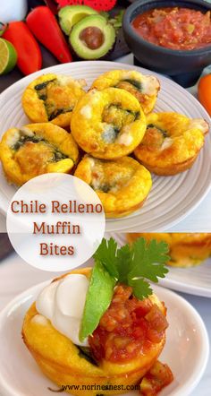 Top photo: Muffin Chile Relleno Bites stacked on a plate. Bottom photo: One Chile Relleno Muffin bite topped with sour cream, avocado slice, and a dollop of salsa. Healthy Clean Eating, Best Breakfast Recipes, Classic Dishes, Family Friendly Meals, Southern Recipes, Best Breakfast, Amazing Food