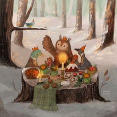 an owl is sitting at a table with food and candles in the snow, surrounded by birds