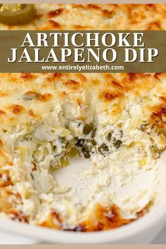 an artichoke jalapeno dip in a white bowl with the title above it