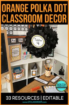 an orange chevron classroom decor with black flowers