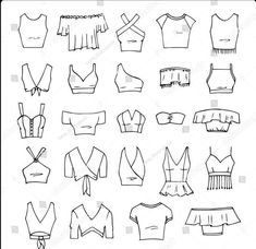 different types of blouses and tops drawn in black ink on white paper stock photo