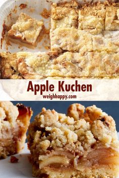 an apple kuchen is cut into squares and placed on a plate with the rest of the cake