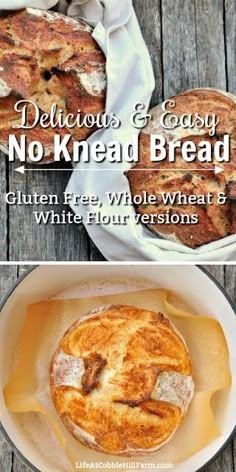 two pictures with different types of breads in them and the words, delicious & easy no - knead bread gluten free whole wheat 3 white flour versions