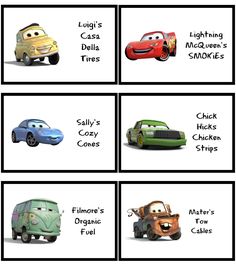 cars and trucks are shown in four different pictures, each with the same character's name