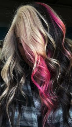 Pink Blonde And Black Hair, Blonde On Top Color Underneath, Checker Hair, Black Pink Blonde Hair, Hair Color Tips Ideas Dip Dyed, Pink Black Blonde Hair, Black Blonde Pink Hair, Pink And Blonde Split Hair, Blonde And Fuschia Hair