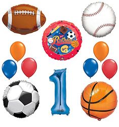 some balloons and sports balls are arranged in the shape of a circle on a white background