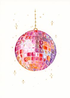 a watercolor painting of a pink ornament hanging from a chain on a white background