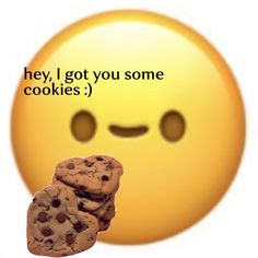 a smiley face with two chocolate chip cookies in front of it that says hey, i got you some cookies