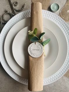 a white plate topped with a napkin next to a green leafy plant on top of it