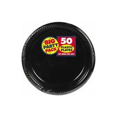 a black plastic party plate with the words 50 on it's front and back