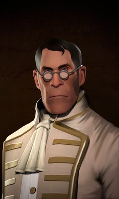 an animated image of a man wearing glasses and a suit with gold trimmings