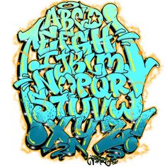 an image of graffiti written on the side of a white wall with blue and yellow spray paint