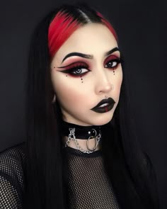 Goth Moodboard, Sith Makeup, Goth Eyeliner, Black And Red Makeup, Goth Hairstyles, Goth Make Up, Red Makeup Looks