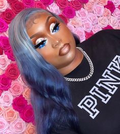 Blue Glitter Makeup Looks, Baby Blue Makeup Looks Black Women, Gender Reveal Makeup Ideas Black Women, Blue Birthday Makeup, Light Blue Makeup Looks Black Women, Royal Blue Makeup Looks Black Women, Blue Prom Makeup Looks, Baby Shower Makeup Ideas