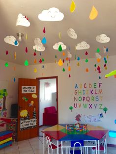 a child's playroom with colorful clouds and raindrops hanging from the ceiling