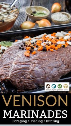 the cover of venison marinades featuring roasting fish and hunting seasonings