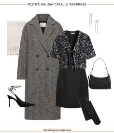 Party look alert! Back and white festive holiday outfit with little black dress, sequin cardigan and high heels. Black Dress Sequin, New Year's Party, A Little Black Dress