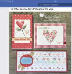 three cards with hearts and flowers on them, one is for valentine's day