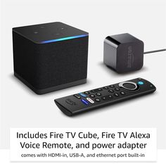 an advertisement for the amazon fire tv cube, with remotes and power adapter