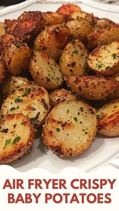 air fryer crispy baby potatoes on a white plate with the title above it