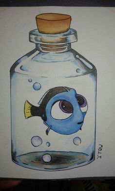 a drawing of a fish in a glass jar