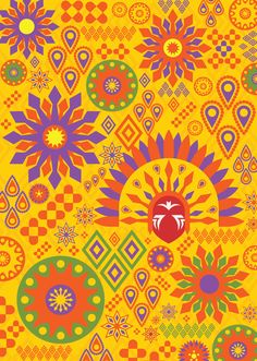 an orange background with colorful flowers and circles