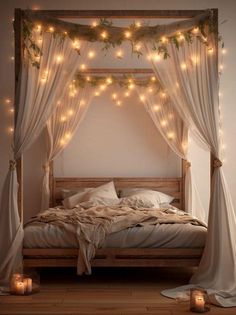 a bed with white curtains and lights on it