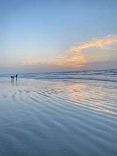 two people walking on the beach at sunset