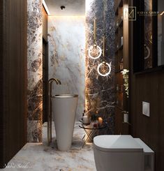 a bathroom with marble walls and flooring, toilet and bidet in the corner