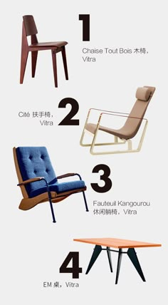 the different types of chairs and tables are shown in this graphic style, including one for each