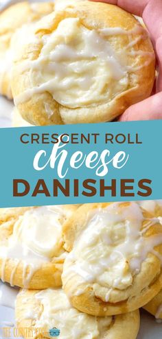 a hand holding a cheese danish on top of a white plate with the words crescent roll cheese danishs